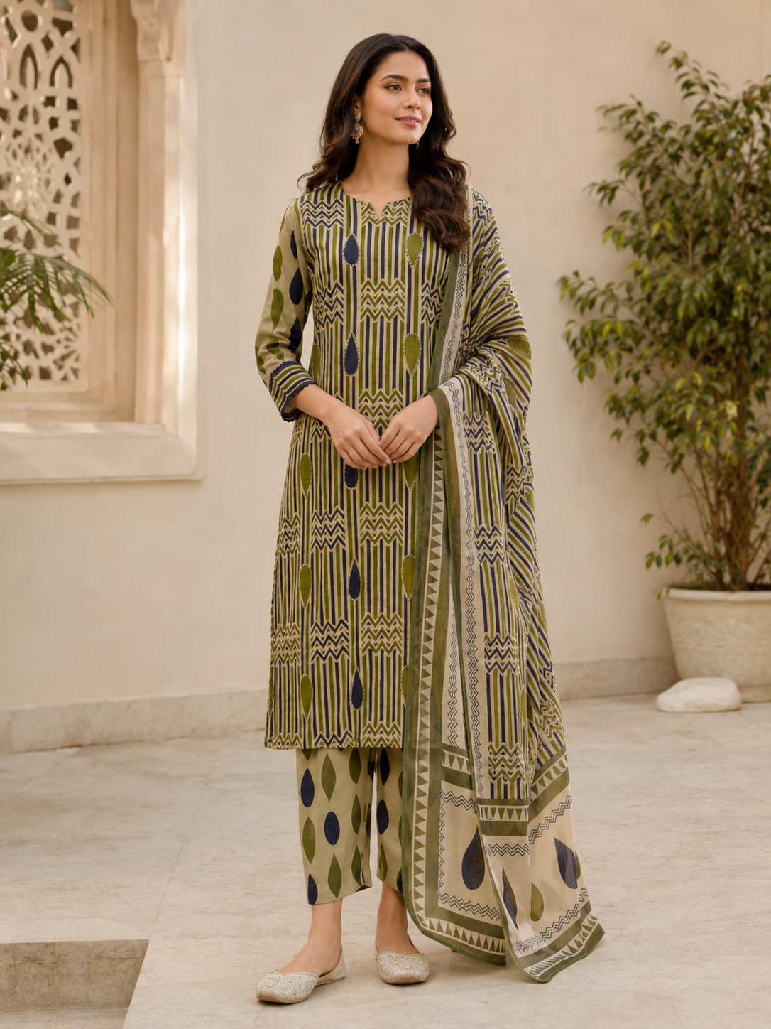 Olive Beige Geometric Printed Kurta Pant Dupatta Set