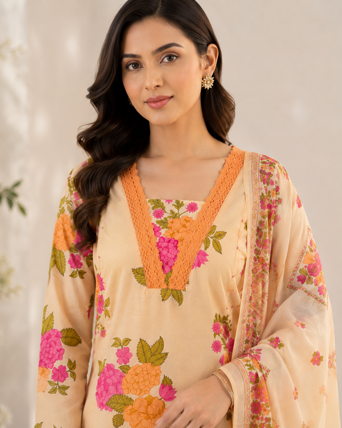 Peach Floral Printed Kurta Pant Dupatta Set with Lace Neck Detailing