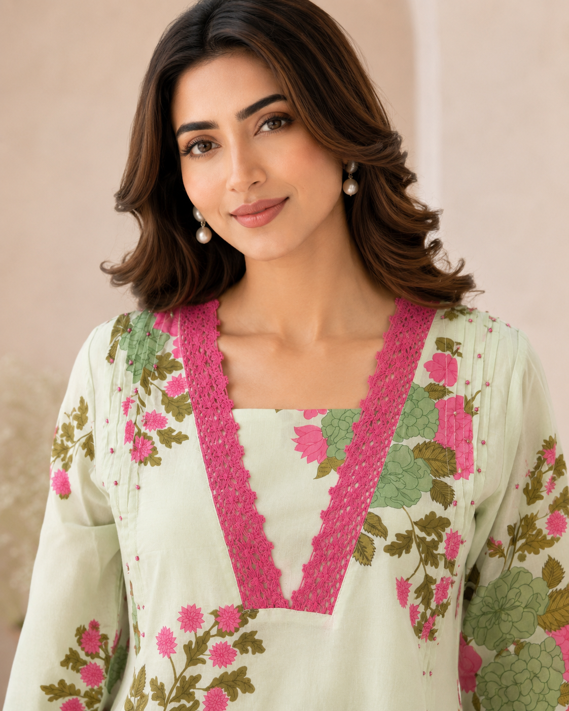 Pista Green Floral Printed Kurta Pant Dupatta Set with Pink Lace Detailing