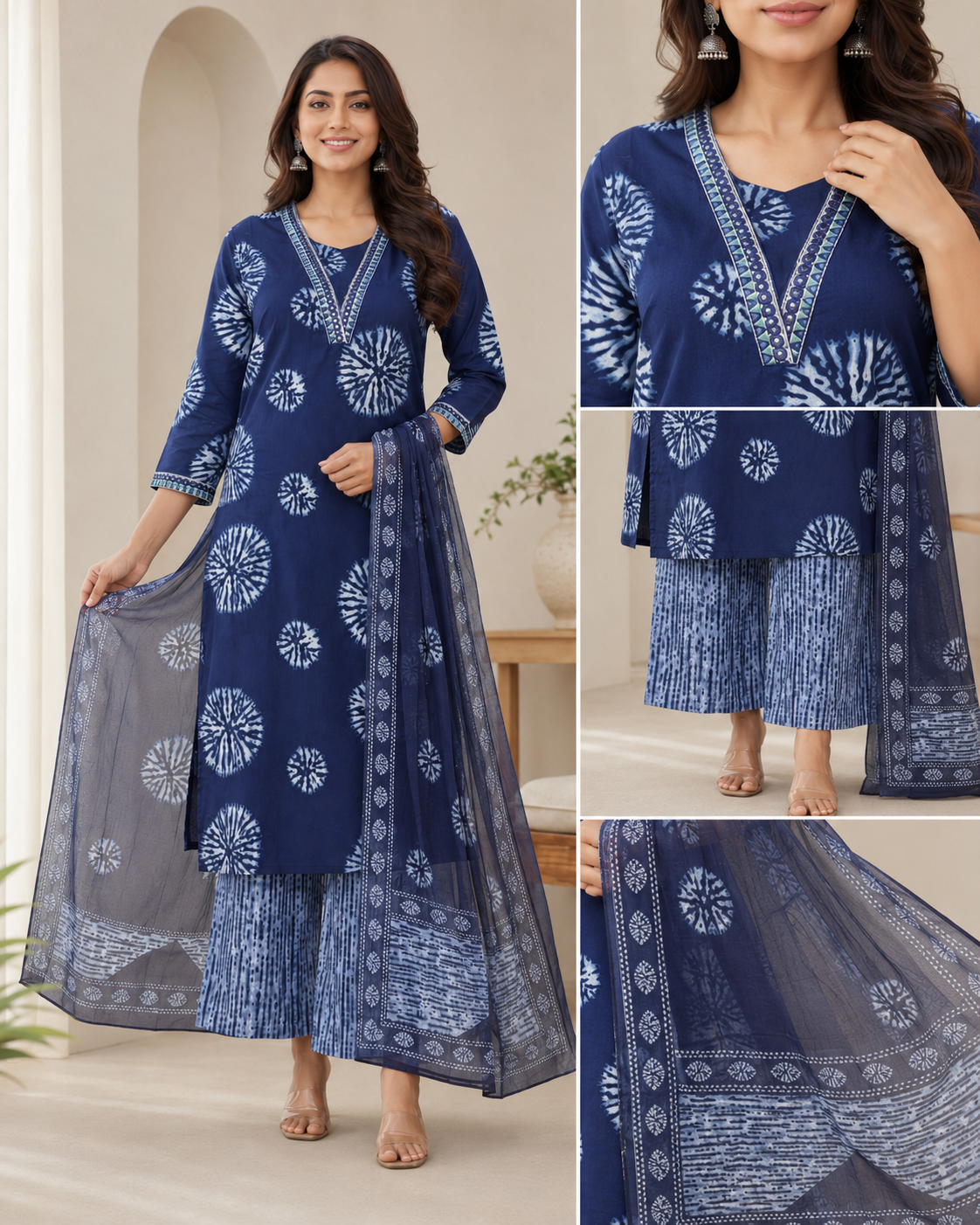 Indigo Shibori Print Kurta Palazzo Dupatta Set