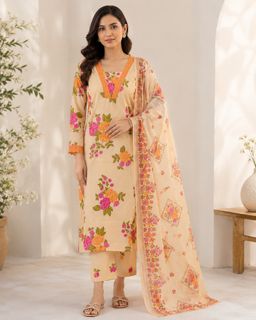 Peach Floral Printed Kurta Pant Dupatta Set with Lace Neck Detailing
