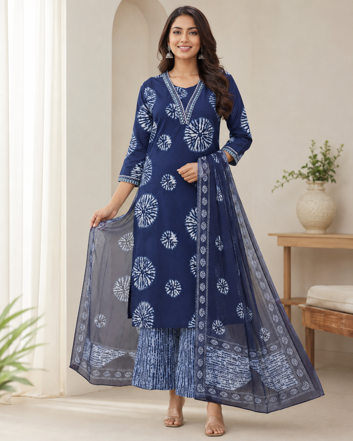 Indigo Shibori Print Kurta Palazzo Dupatta Set