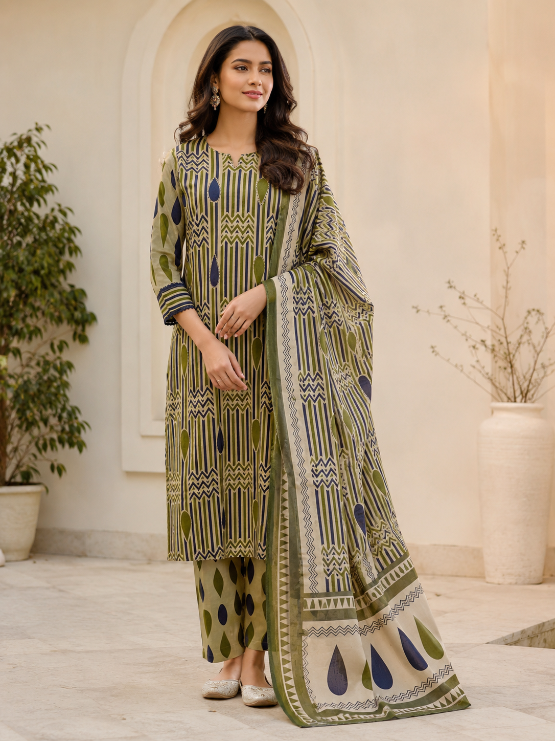 Olive Beige Geometric Printed Kurta Pant Dupatta Set
