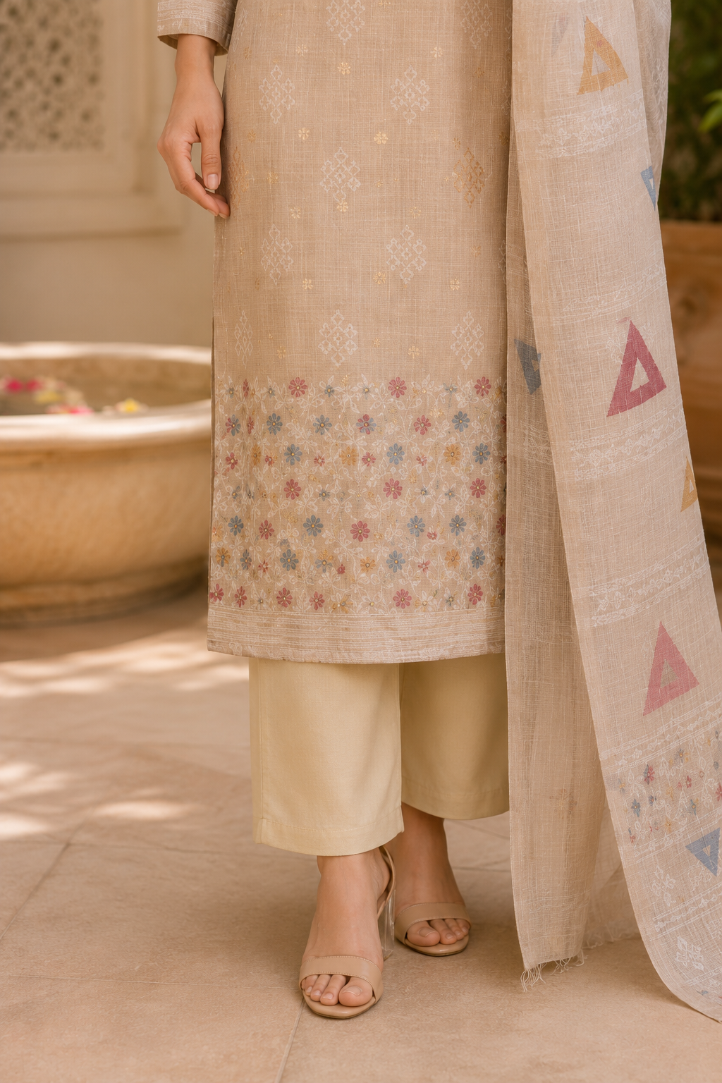 Beige Textured Kurta Pant Dupatta Set with Floral Hem Detailing