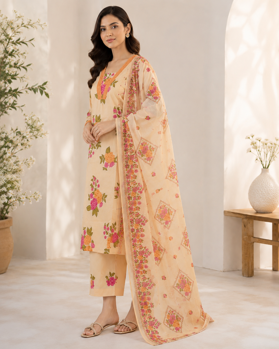 Peach Floral Printed Kurta Pant Dupatta Set with Lace Neck Detailing