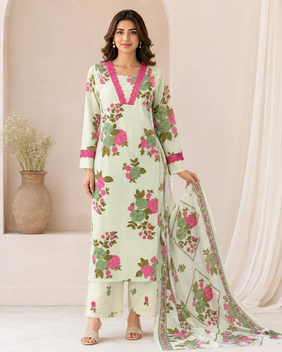 Pista Green Floral Printed Kurta Pant Dupatta Set with Pink Lace Detailing