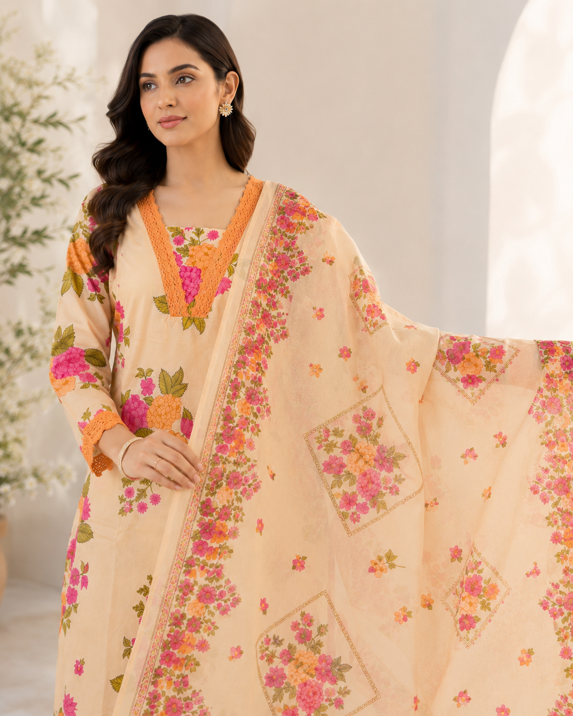 Peach Floral Printed Kurta Pant Dupatta Set with Lace Neck Detailing