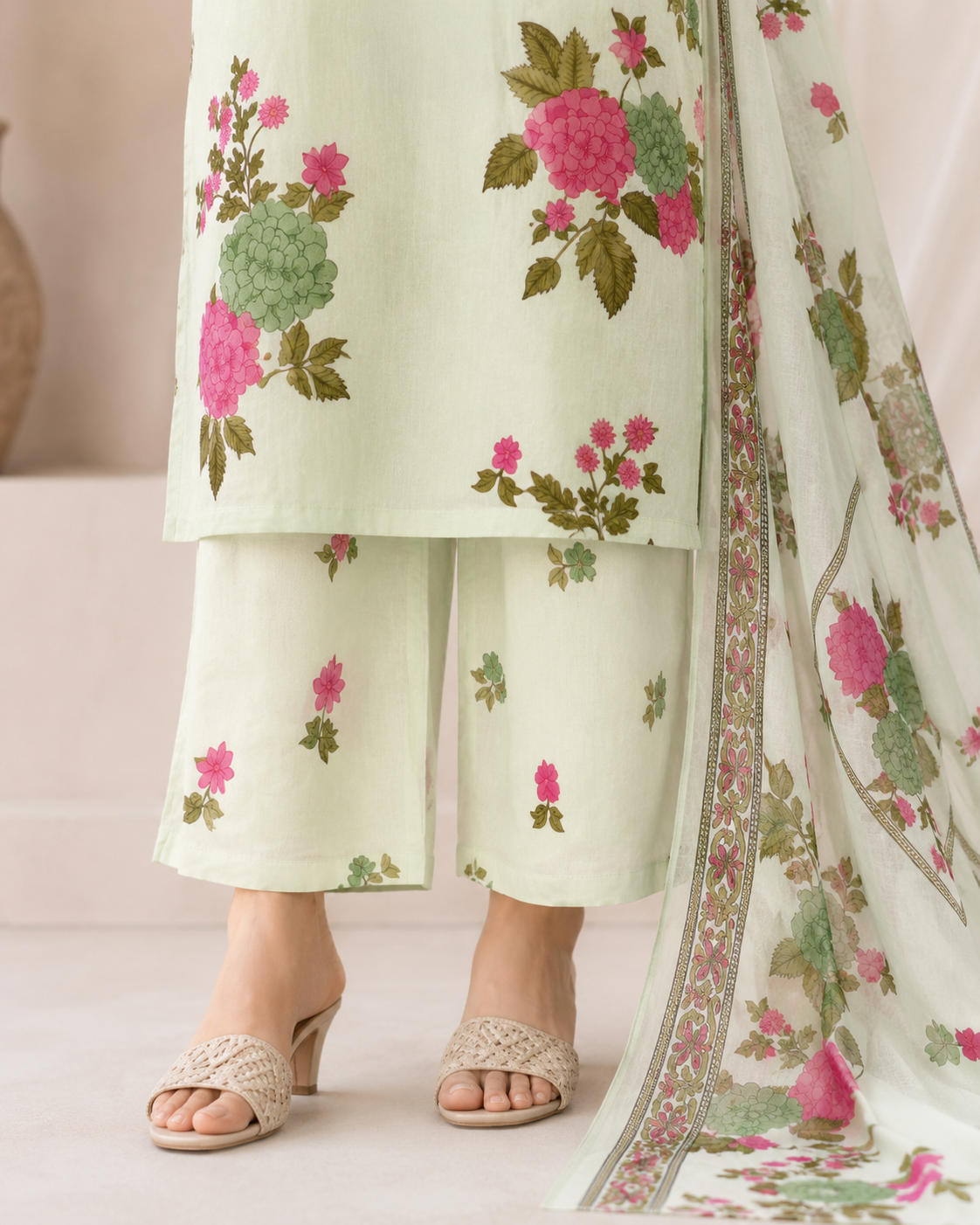 Pista Green Floral Printed Kurta Pant Dupatta Set with Pink Lace Detailing