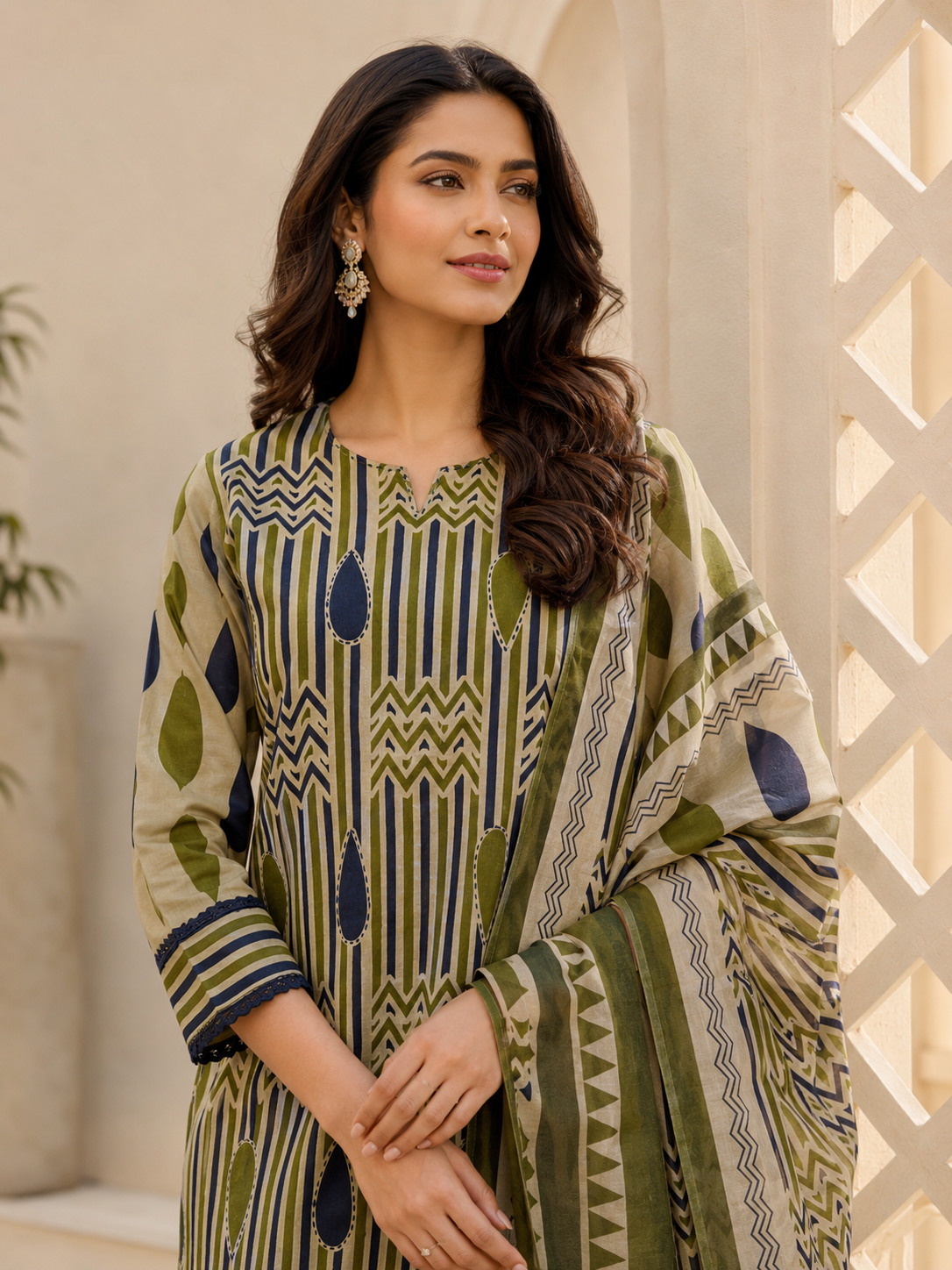 Olive Beige Geometric Printed Kurta Pant Dupatta Set