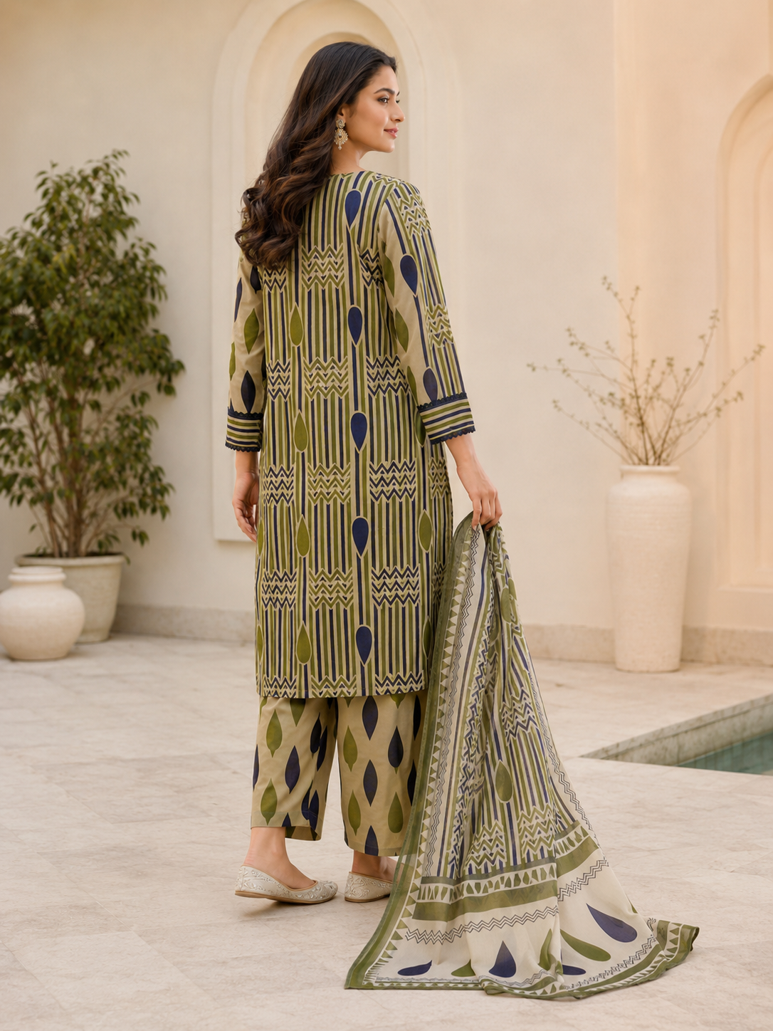 Olive Beige Geometric Printed Kurta Pant Dupatta Set