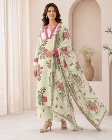 Pista Green Floral Printed Kurta Pant Dupatta Set with Pink Lace Detailing