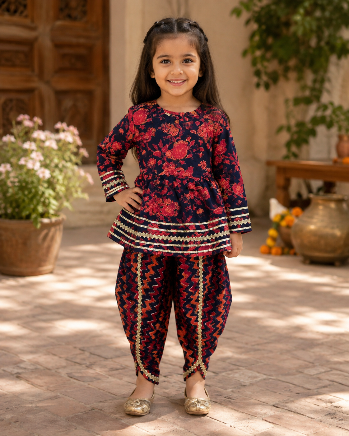 Navy Floral Cotton Kurta Pant Set