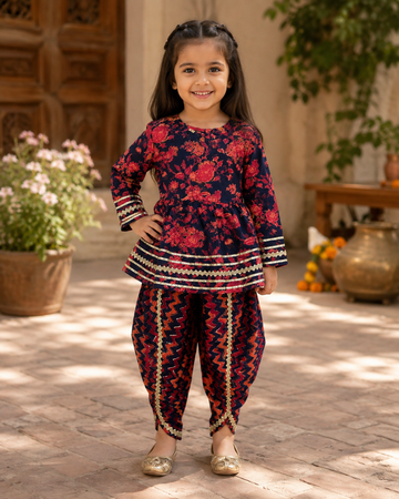 Navy Floral Cotton Kurta Pant Set