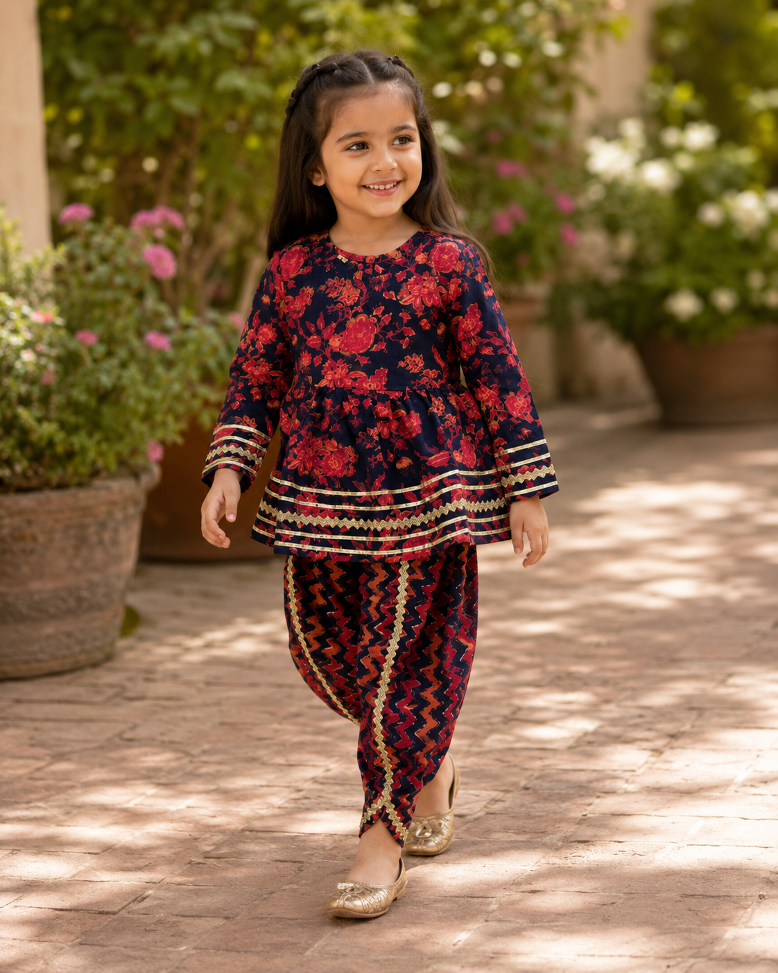 Navy Floral Cotton Kurta Pant Set