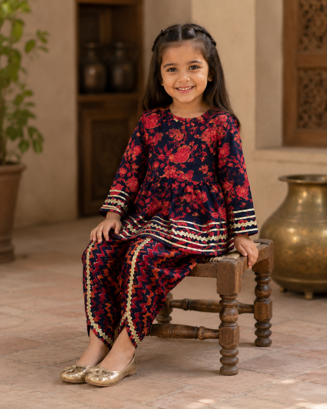 Navy Floral Cotton Kurta Pant Set