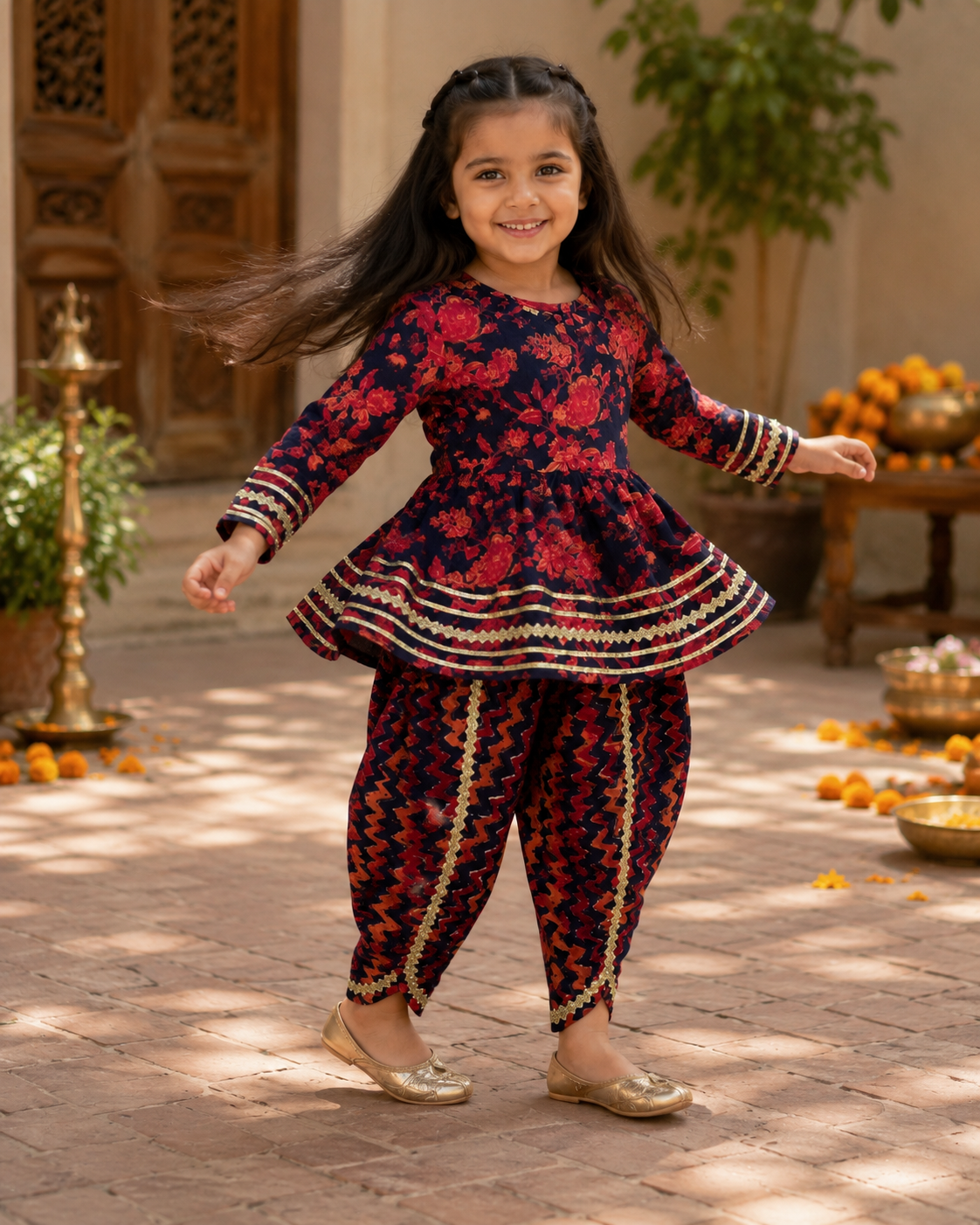 Navy Floral Cotton Kurta Pant Set
