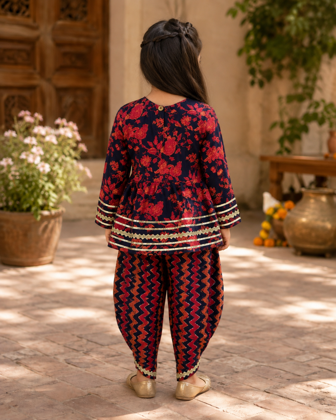 Navy Floral Cotton Kurta Pant Set