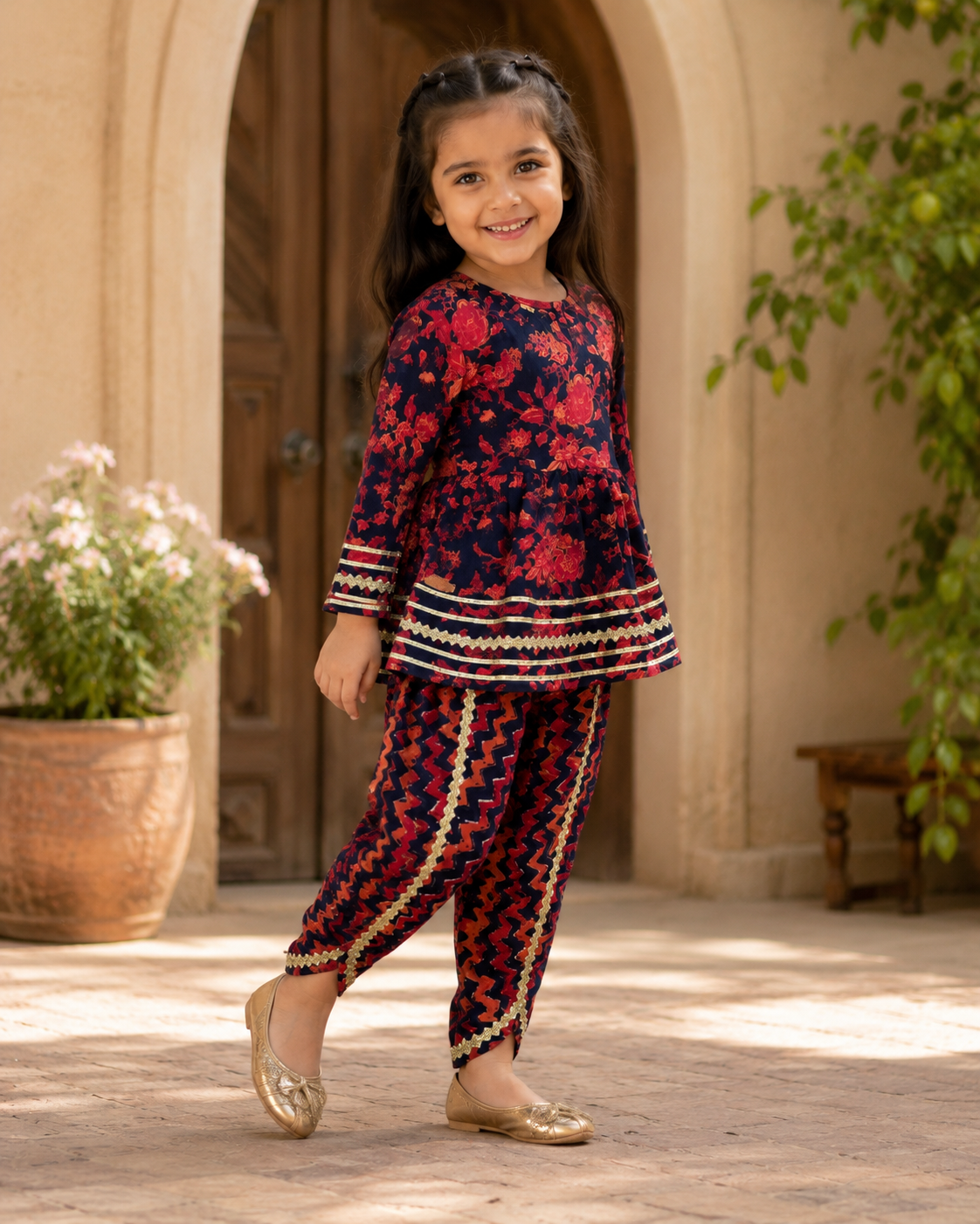Navy Floral Cotton Kurta Pant Set