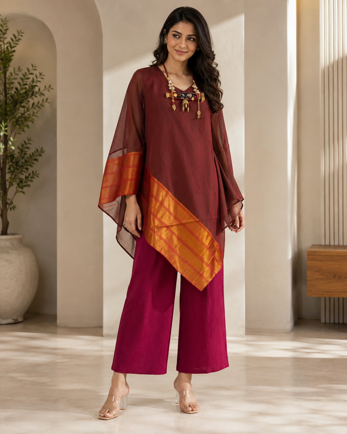 Wine Banarasi Chanderi Kaftan with Pant Set