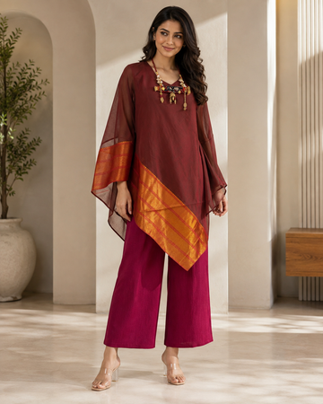 Wine Banarasi Chanderi Kaftan with Pant Set