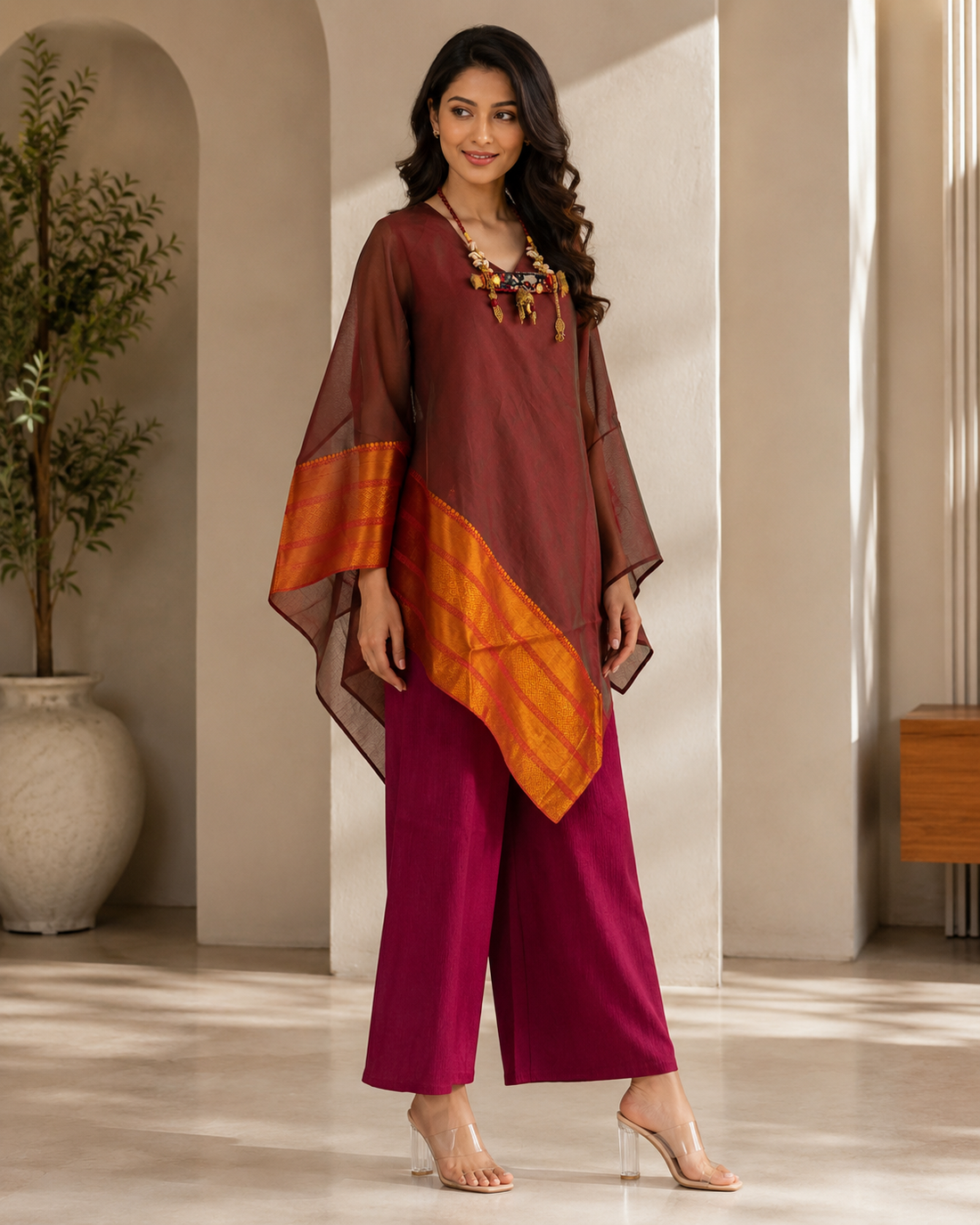 Wine Banarasi Chanderi Kaftan with Pant Set