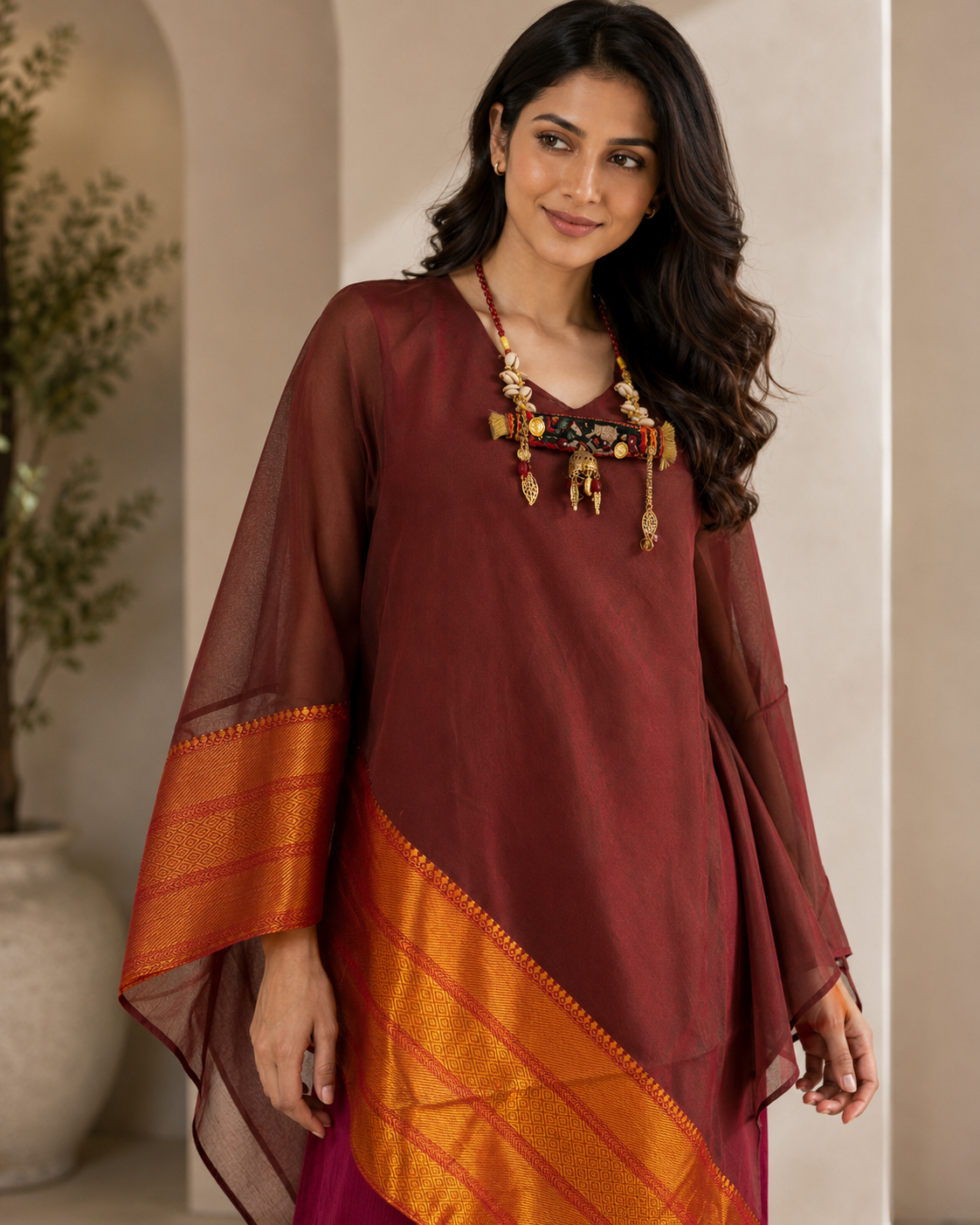 Wine Banarasi Chanderi Kaftan with Pant Set