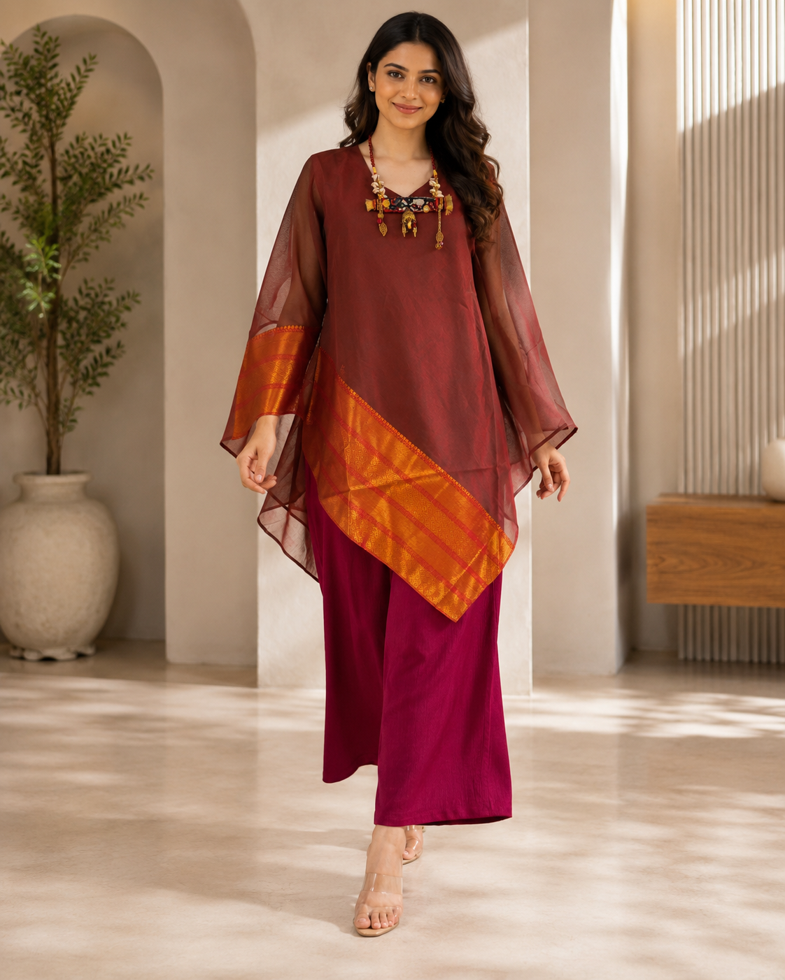 Wine Banarasi Chanderi Kaftan with Pant Set