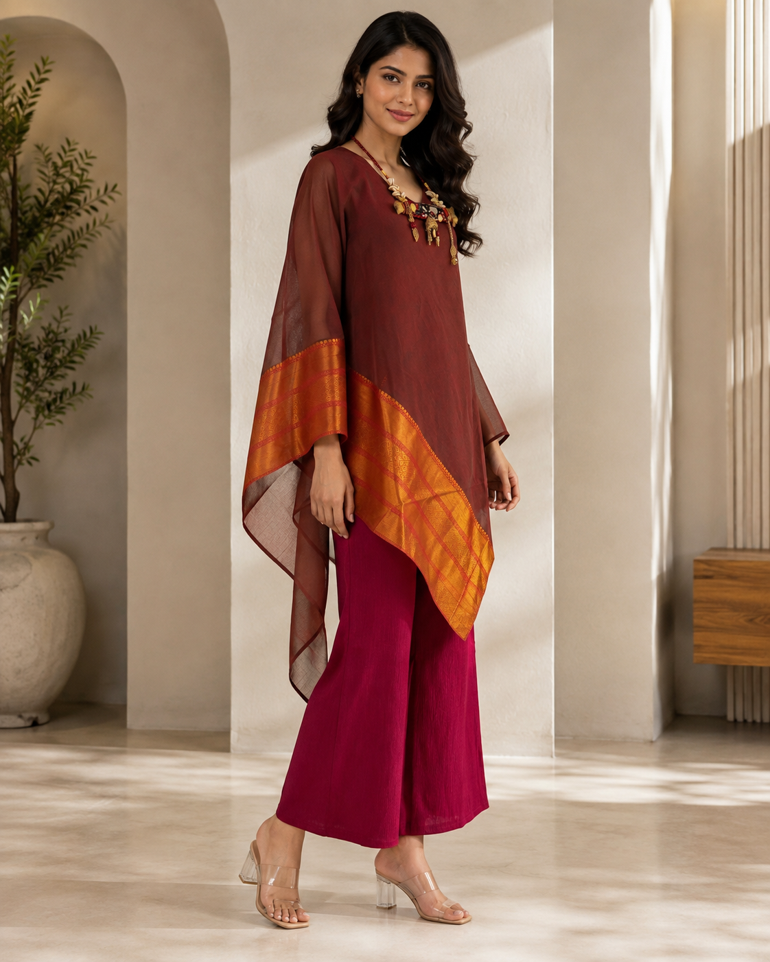 Wine Banarasi Chanderi Kaftan with Pant Set