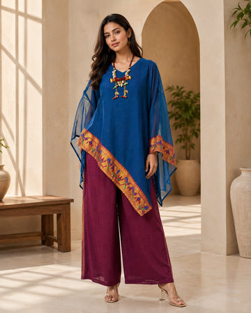 Royal Blue Banarasi Chanderi Kaftan with Pant Set