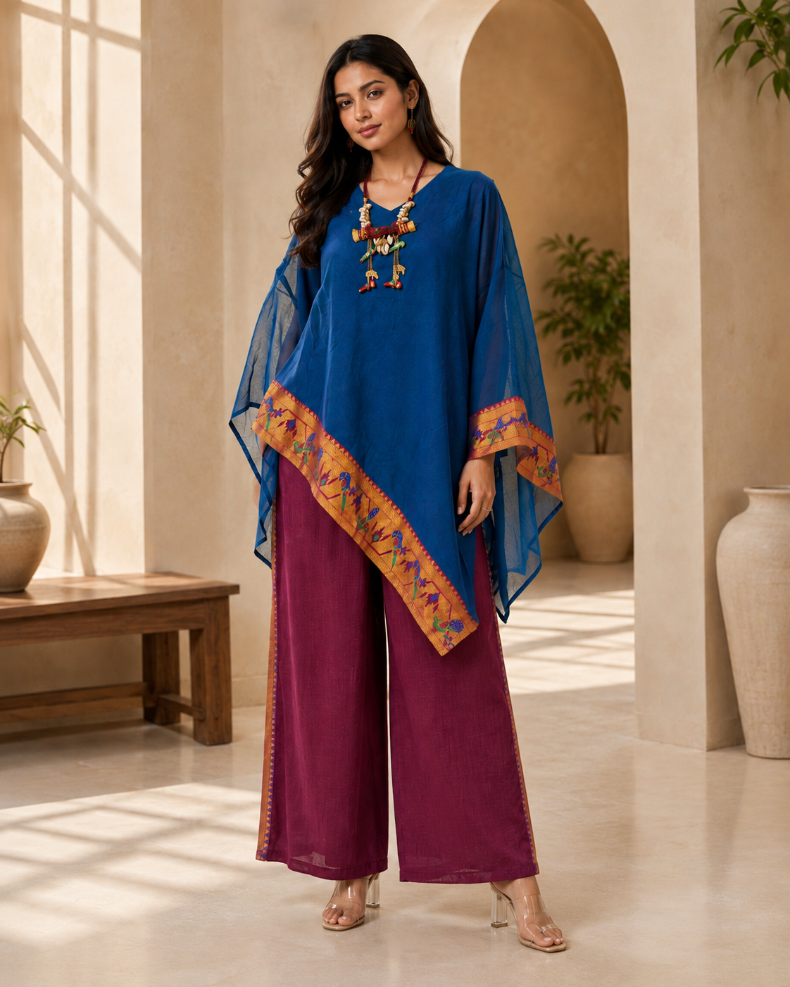 Royal Blue Banarasi Chanderi Kaftan with Pant Set