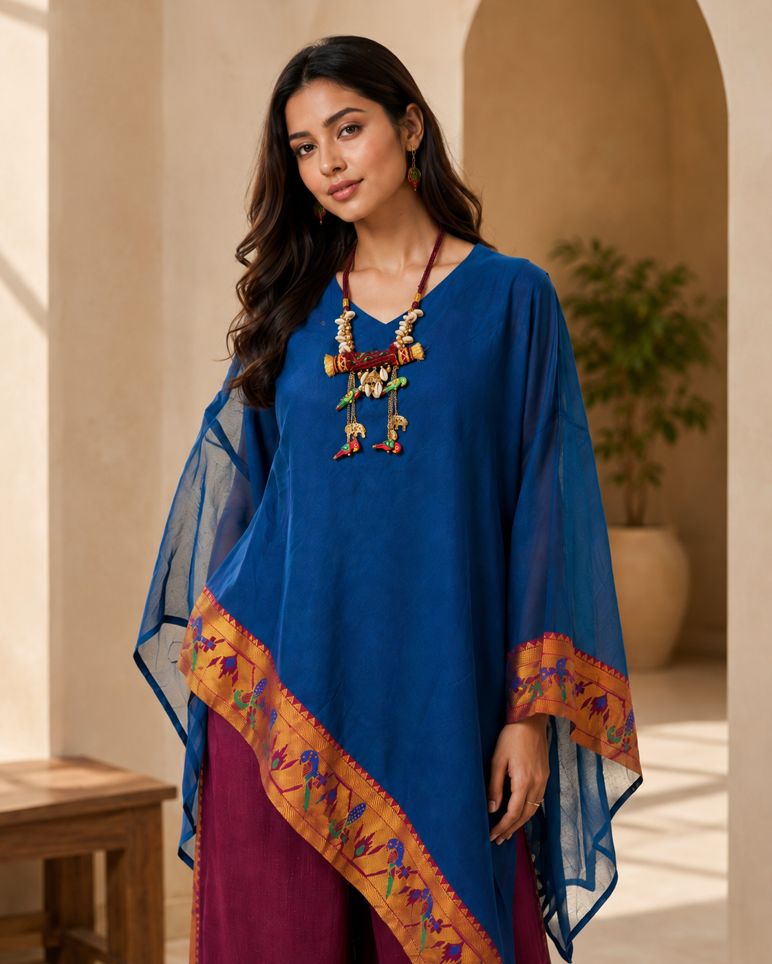 Royal Blue Banarasi Chanderi Kaftan with Pant Set