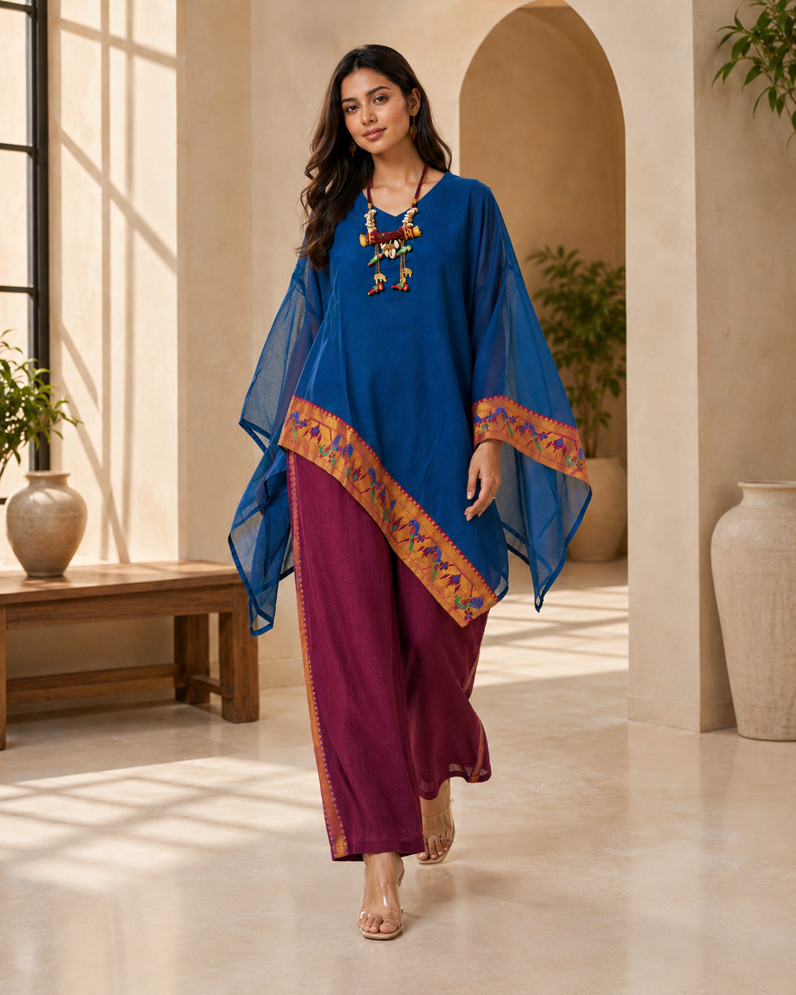 Royal Blue Banarasi Chanderi Kaftan with Pant Set