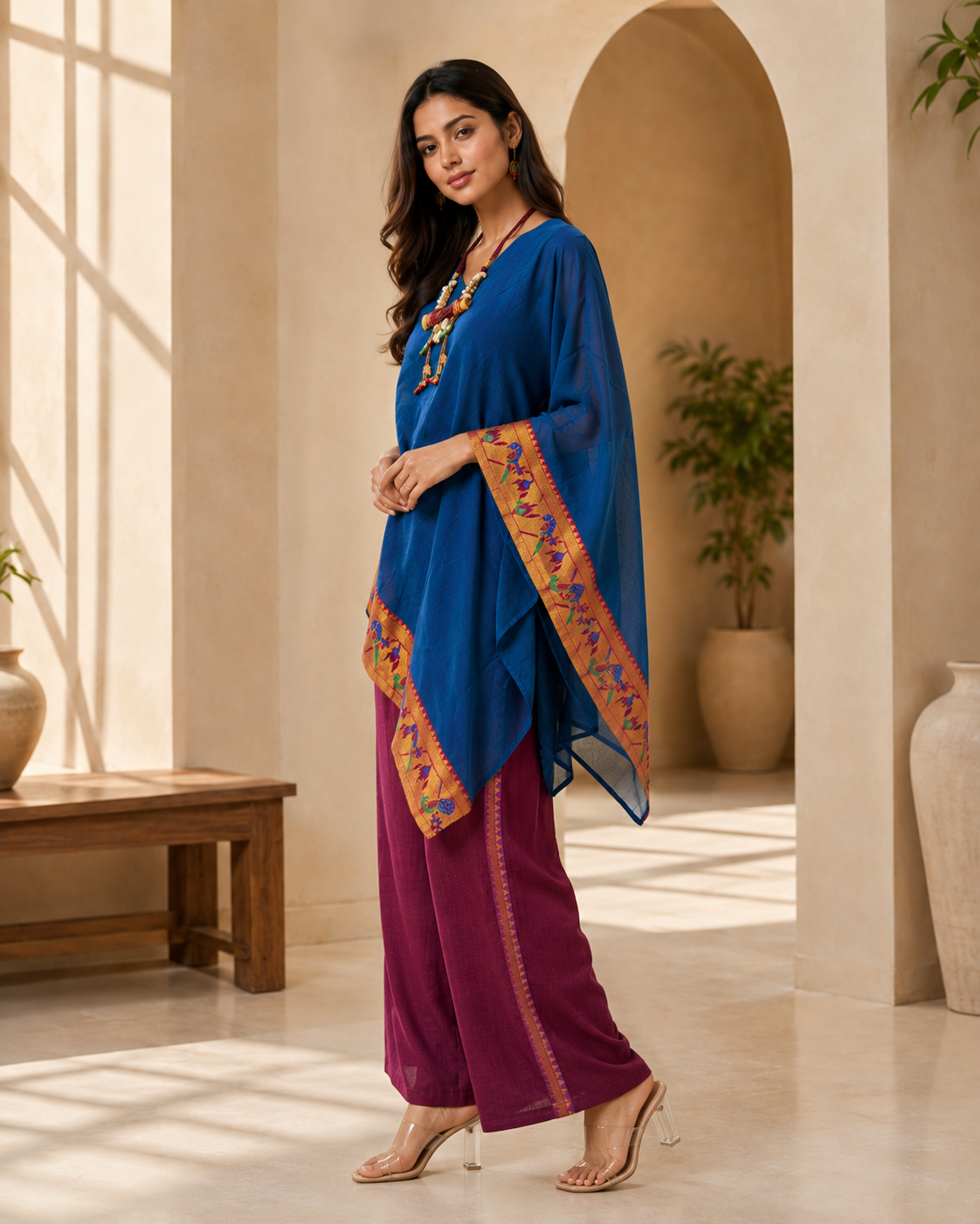 Royal Blue Banarasi Chanderi Kaftan with Pant Set
