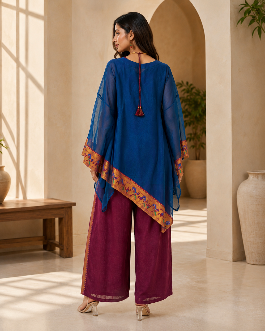 Royal Blue Banarasi Chanderi Kaftan with Pant Set