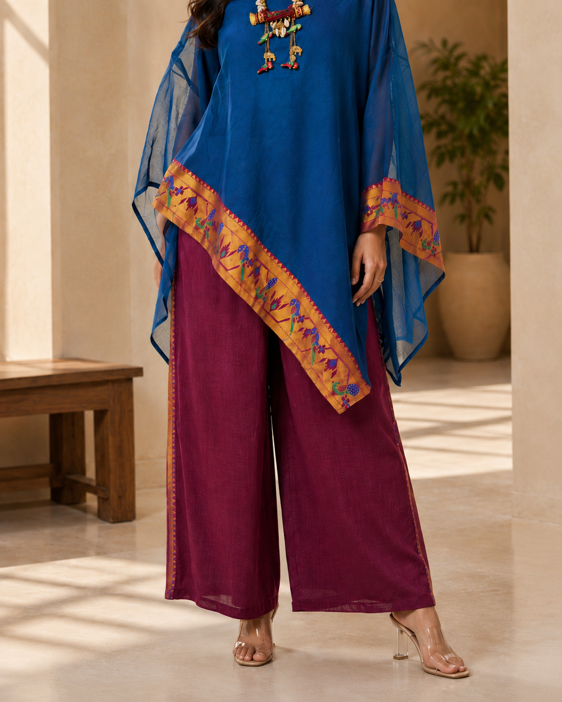 Royal Blue Banarasi Chanderi Kaftan with Pant Set