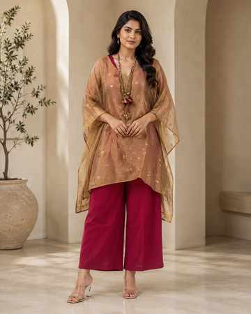 Beige Banarasi Chanderi Kaftan with Pant Set