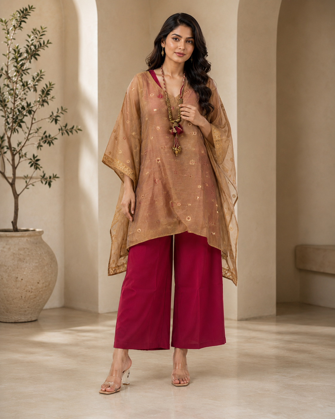 Beige Banarasi Chanderi Kaftan with Pant Set
