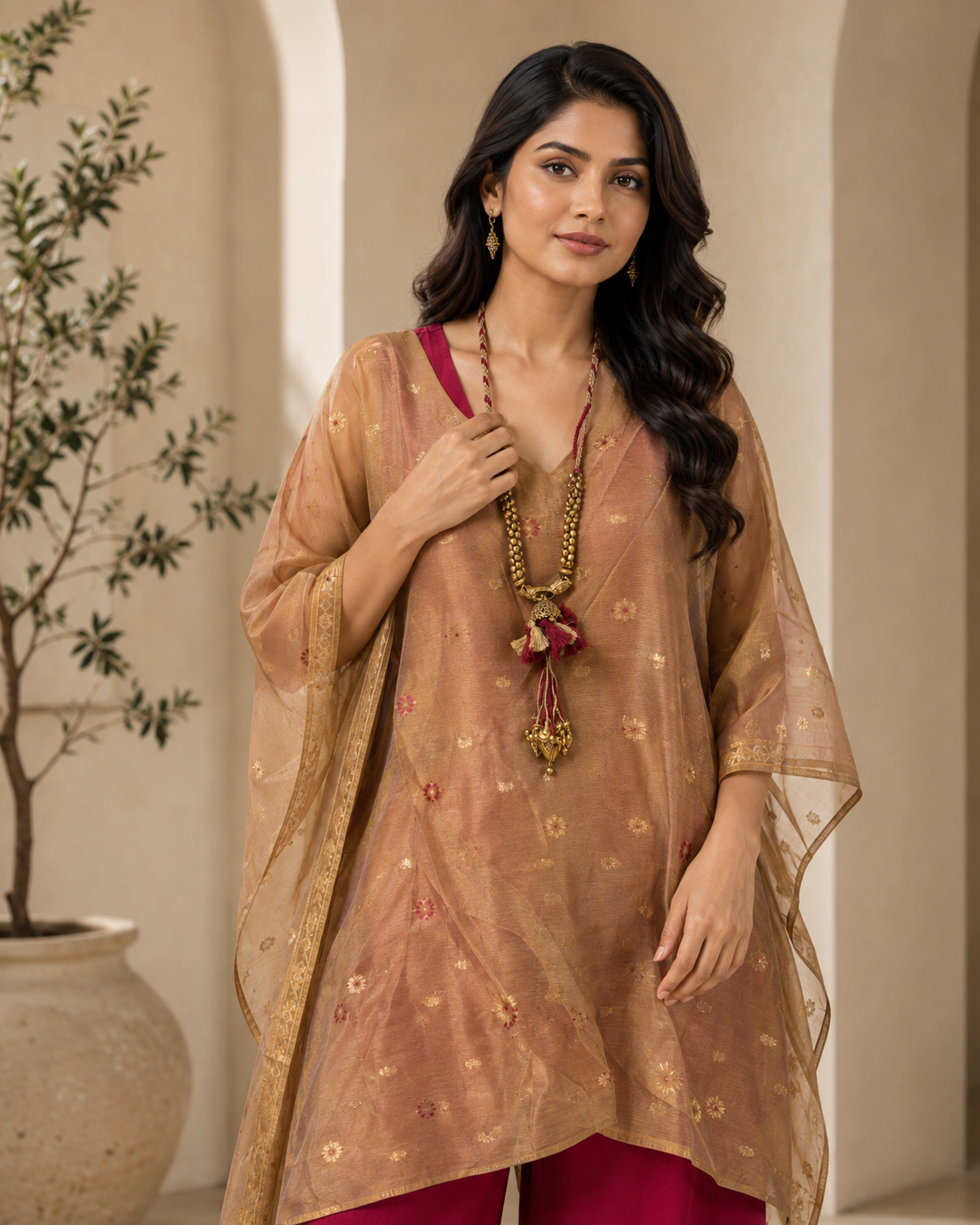 Beige Banarasi Chanderi Kaftan with Pant Set