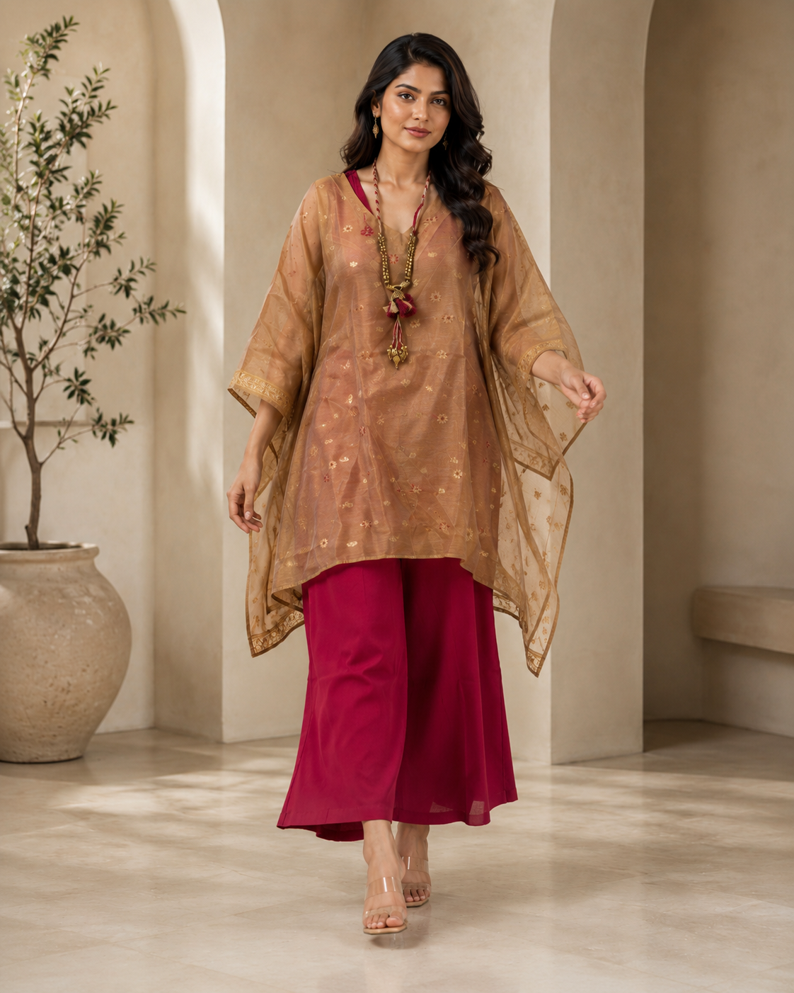 Beige Banarasi Chanderi Kaftan with Pant Set