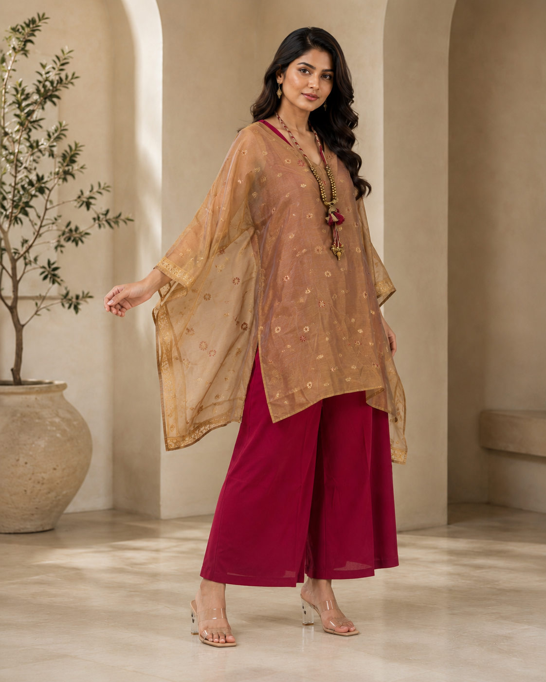 Beige Banarasi Chanderi Kaftan with Pant Set