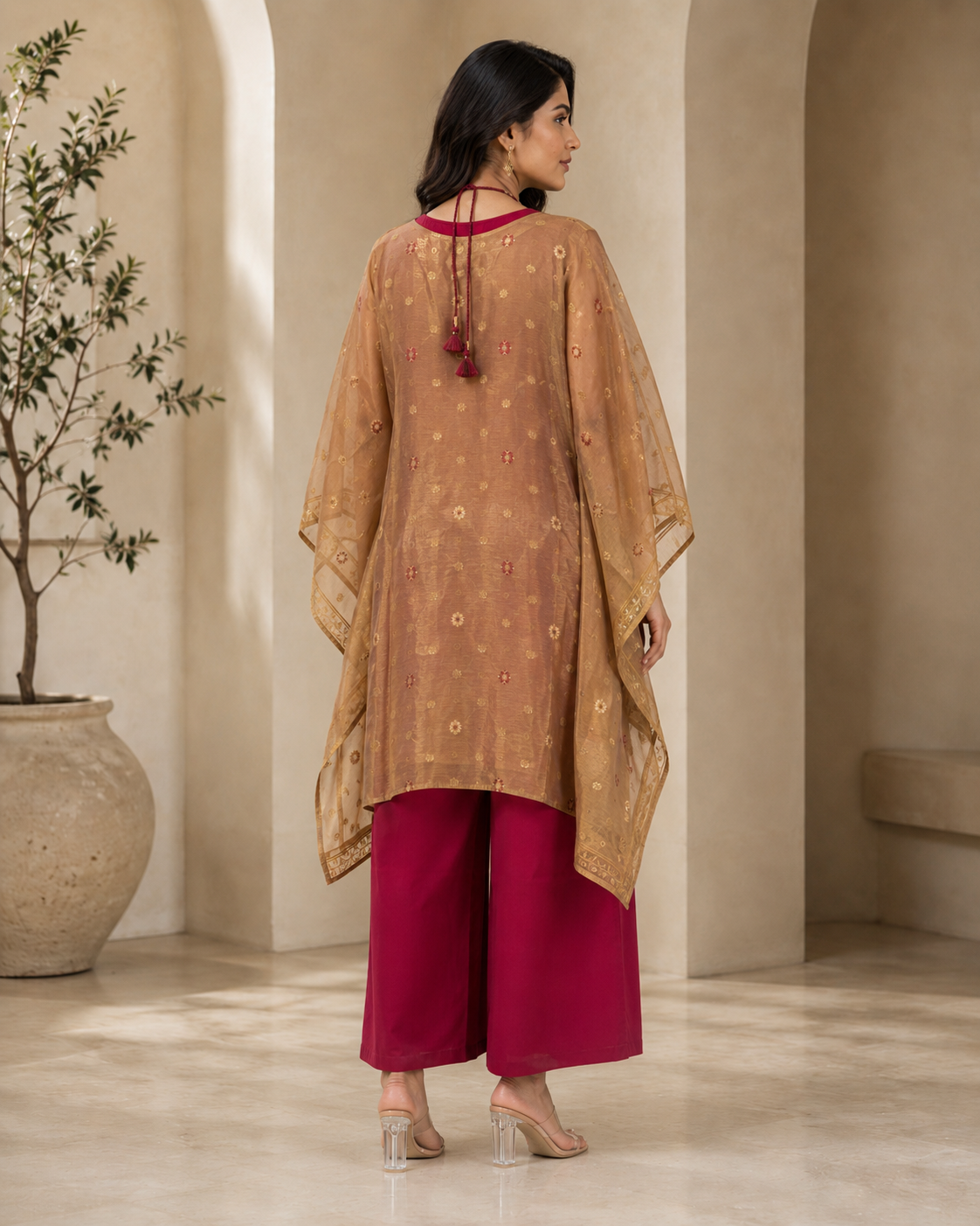 Beige Banarasi Chanderi Kaftan with Pant Set