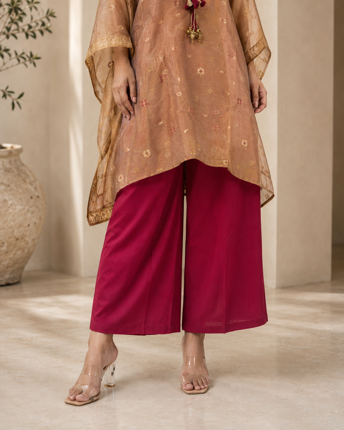 Beige Banarasi Chanderi Kaftan with Pant Set