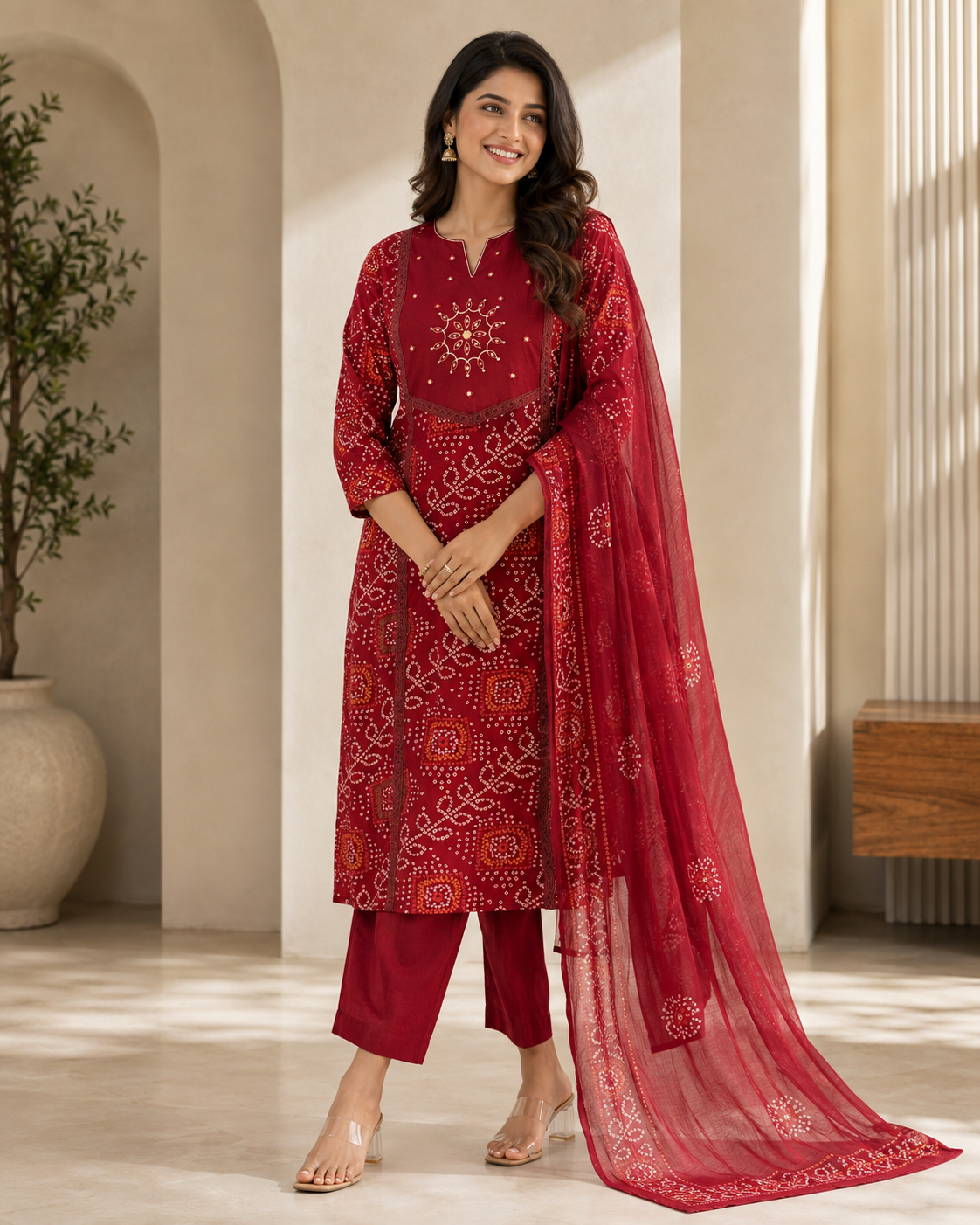 Crimson Printed Cotton Kurta Set with Dupatta