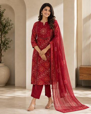 Crimson Printed Cotton Kurta Set with Dupatta