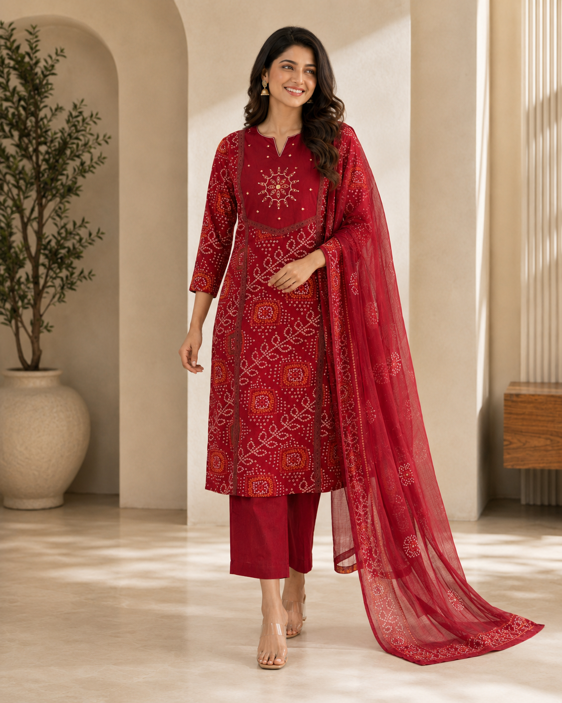 Crimson Printed Cotton Kurta Set with Dupatta