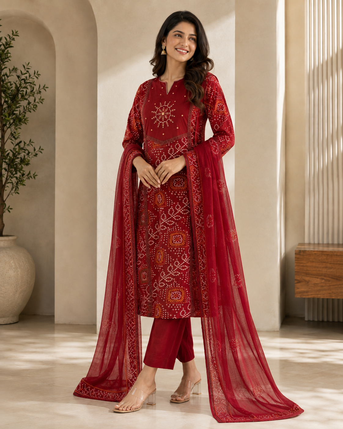 Crimson Printed Cotton Kurta Set with Dupatta
