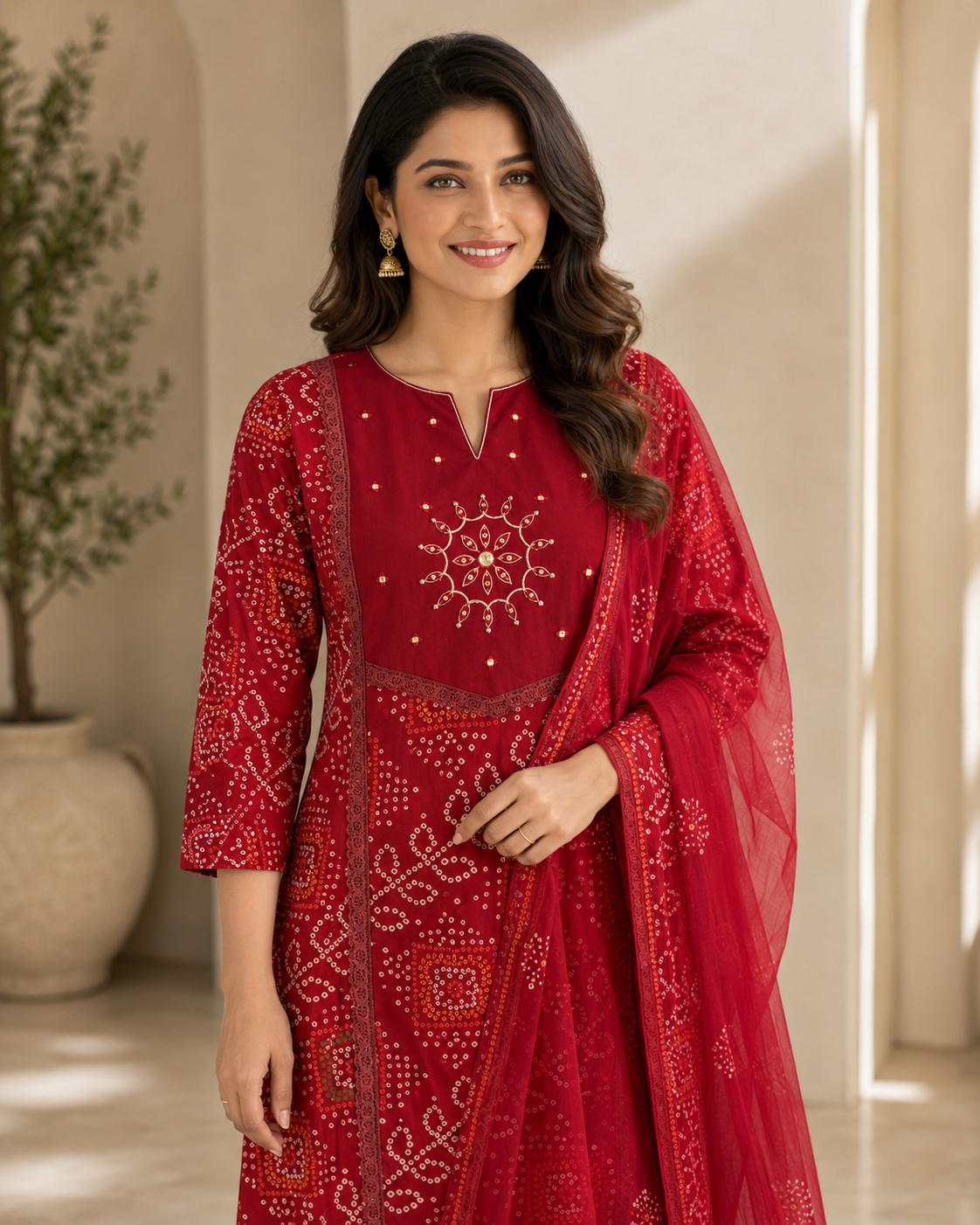Crimson Printed Cotton Kurta Set with Dupatta
