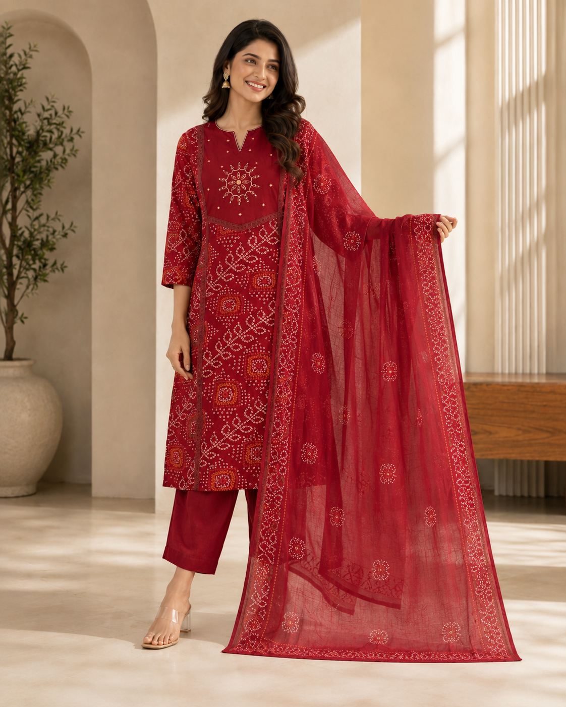 Crimson Printed Cotton Kurta Set with Dupatta