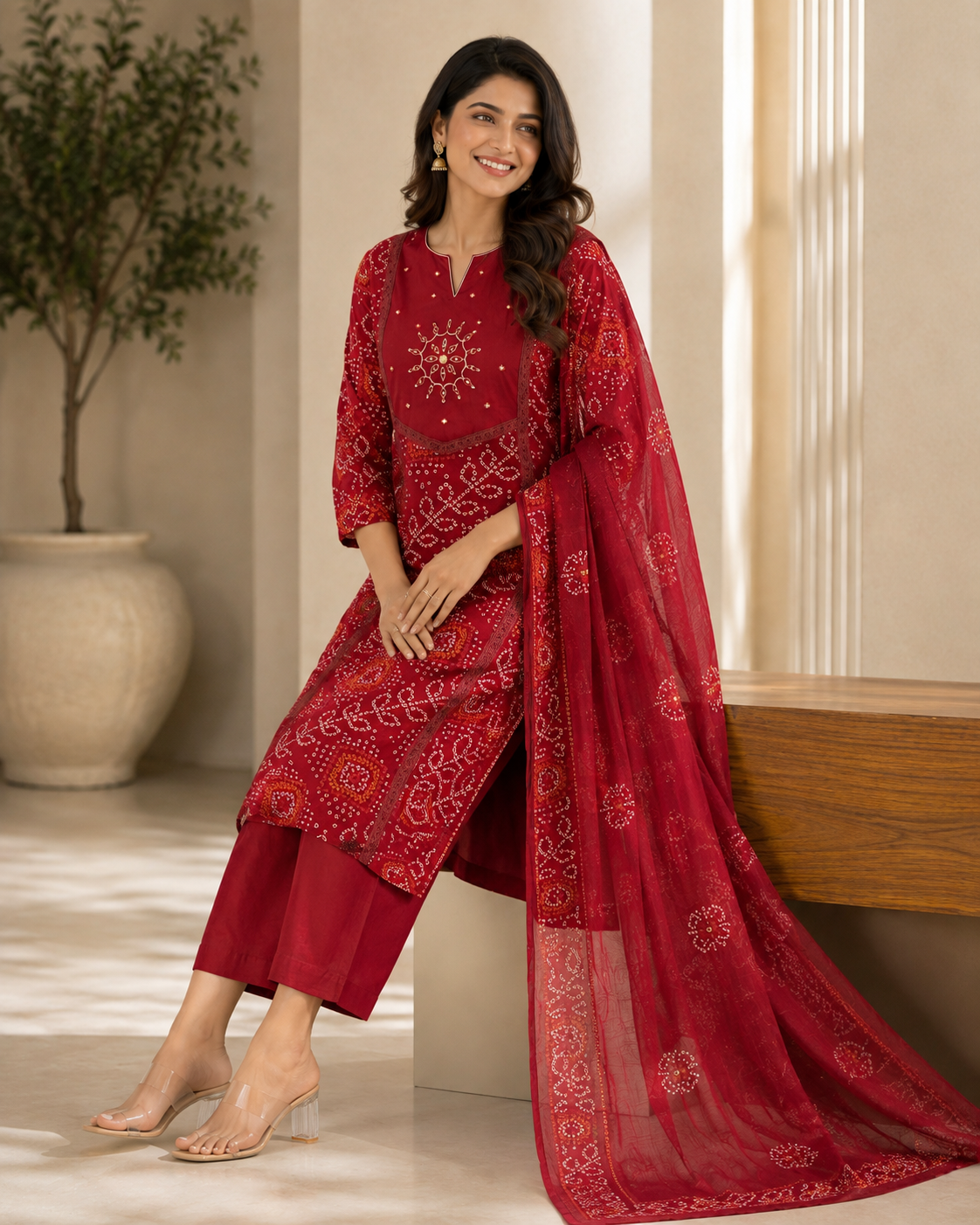 Crimson Printed Cotton Kurta Set with Dupatta