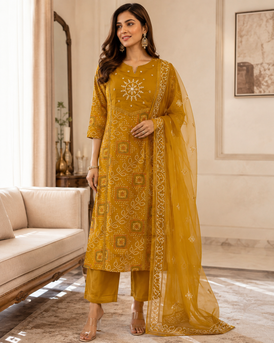 Mustard Printed Cotton Kurta Set with Dupatta